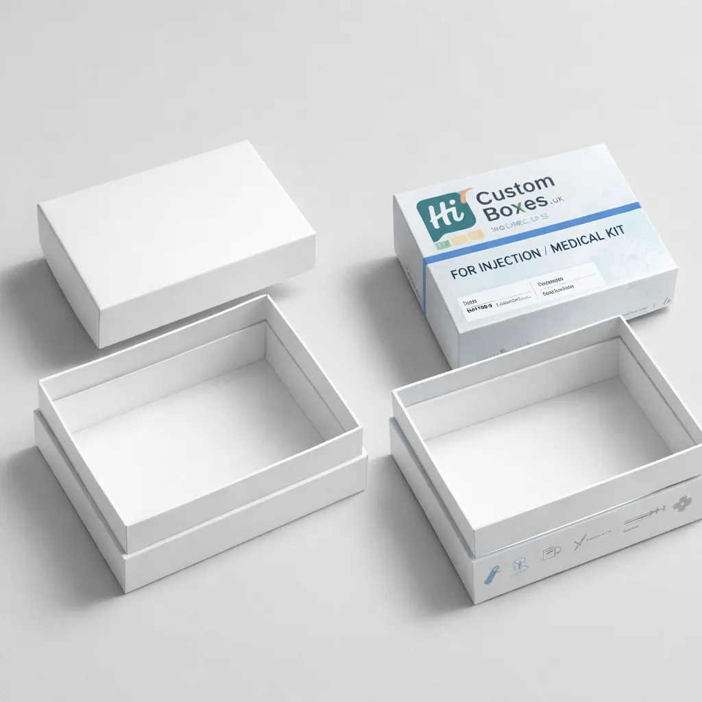 Two-piece rigid injection medical kit boxes with a separate lid and base in white and teal. class=